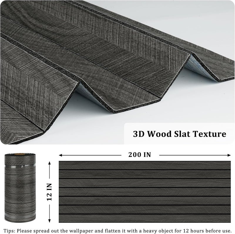 STICKEEP Grey/Black 3D Wood Panels for Wall Decor 200"x12" Peel and Stick Faux Wood Wall Panel Self Adhesive Soundproof Wooden Slats Paneling Wallpaper for Living Room Bedroom Office Work Shop - Image 3
